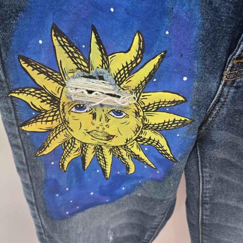 Kancan Blue Sun Moon Painted Distressed Raw Edge Jeans Waist 24 Size 1 - Picture 5 of 15